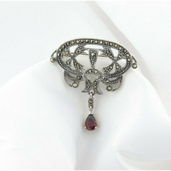 Sterling Silver Marcasite with Simulated Garnet Pin Brooch - Picture 5 of 6